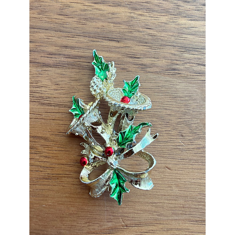 Vintage GERRY'S Christmas Bells Brooch Gold Tone Enamel Holly Holiday Pin